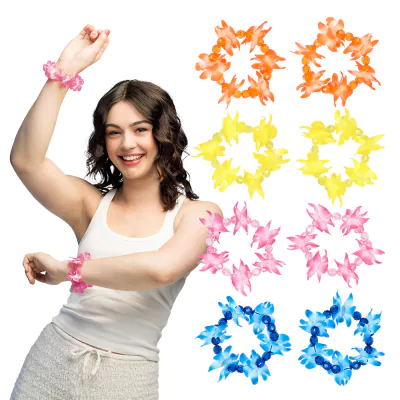 Frau mit bunten Hawaii-Armb�ndern aus Blumen, erh�ltlich in Orange, Gelb, Pink und Blau - festliches Accessoire f�r tropische Mottopartys, Karneval und Sommerfestivals.