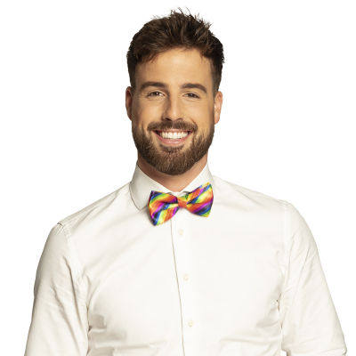 Bow tie with rainbow-coloured stripes.