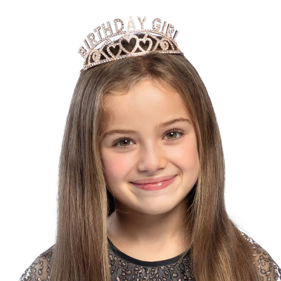 Gold-coloured, metal tiara with the text Birthday Girl. The tiara is decorated with rhinestones.