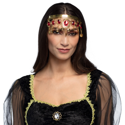 Vrouw met Arabische, goudkleurige hoofdband met bedels en kunst robijnen.