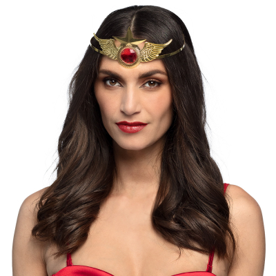 Woman with gold coloured tiara with a power woman symbol with a star, wings and an artificial ruby.