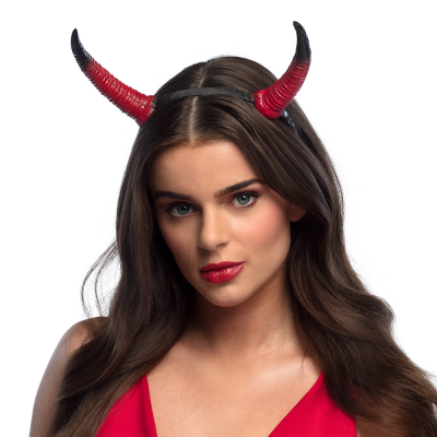 Black Halloween tiara with red devil horns with black tips.