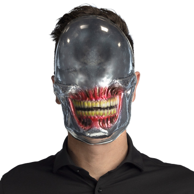 Mirrored Halloween mask of an alien in which the mouth is ripped open and the teeth are completely open. The mask has no eyes.