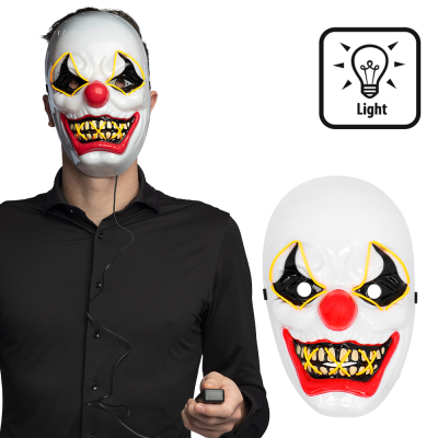 Masque LED d'Halloween d'un clown d'horreur avec une télécommande noire. A côté, une image du masque seul.