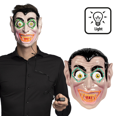 Halloween LED masker van een bekende vampier met een zwarte afstandsbediening. Daarnaast een afbeelding van alleen het masker.