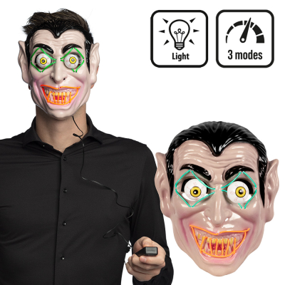 Halloween-LED-Maske eines bekannten Vampirs mit einer schwarzen Fernbedienung. Außerdem ein Bild, das nur die Maske zeigt.