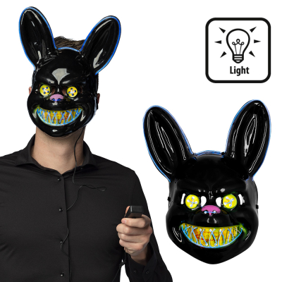 Halloween LED masker van een bezeten konijn met een zwarte afstandsbediening. Daarnaast een afbeelding van alleen het masker.