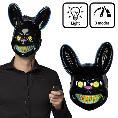 Halloween LED mask of a possessed rabbit with a black remote control. Additionally, an image of just the mask.