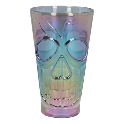 Iridescent, plastic Halloween glass with a skull on it.