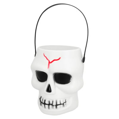 Halloween bucket for trick or treat in the shape of a skull.