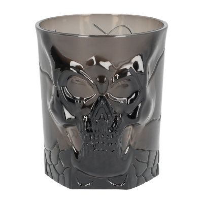 Dark grey, plastic Halloween glass with the relief of a skull.