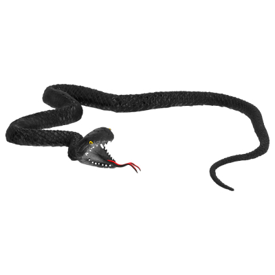 Black, rubber snake with its mouth open and a protruding tongue.