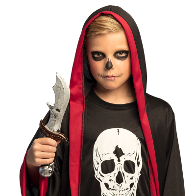 Halloween-Messerattrappe mit schwarzem Griff, der am Ende mit einem Totenkopf verziert ist.