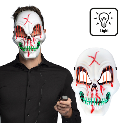 Halloween LED Maske eines Horrorschädels mit schwarzer Fernbedienung. Neben einem Bild, das nur die Maske zeigt.