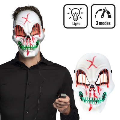 Halloween LED Maske eines Horrorschädels mit schwarzer Fernbedienung. Neben einem Bild, das nur die Maske zeigt.