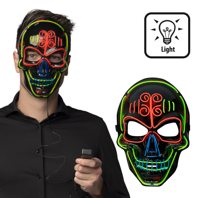 Halloween LED masker van een Day of the dead skull met een zwarte afstandsbediening. Daarnaast een afbeelding van alleen het masker.