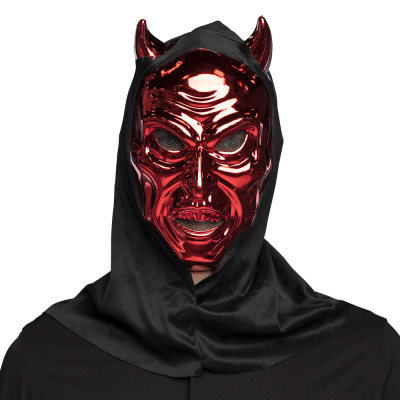 Person wears red Halloween mask of devil, with black hood.