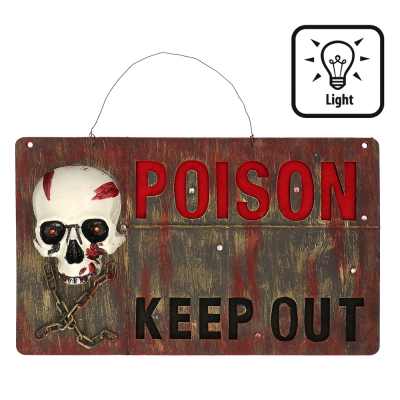 Ein Halloween-Deko-Schild mit der Aufschrift „Poison Keep Out“ und einem Totenkopf mit rot leuchtenden Augen.