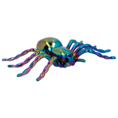 The side of a shiny, colourful Halloween decoration spider.