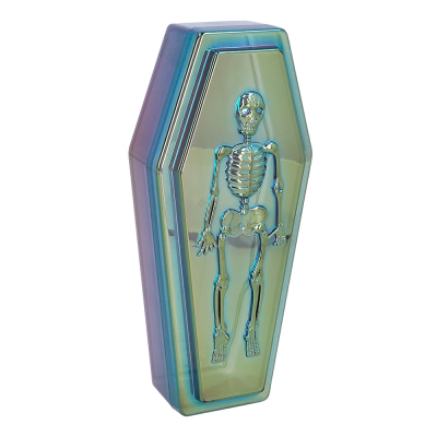 Colourful Halloween decoration of a coffin with the relief of a skeleton.