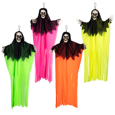 4 Halloween hanging decorations of skeletons with their arms wide and wearing a robe. All four have a black hood, underneath they have a neon pink, a neon yellow, a neon orange and a neon green robe. A loop is attached to the skull.