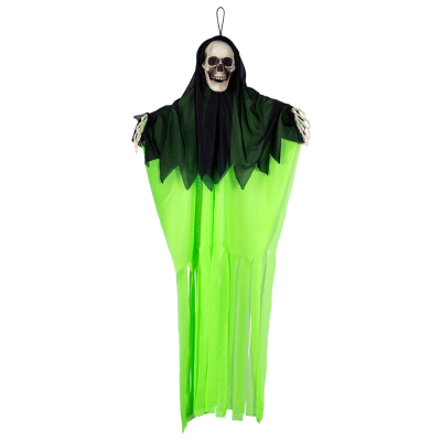 Halloween decoration of a skeleton wearing a neon green robe with black hood. A loop is attached to the skull. His skeleton hands come out from under the robe.