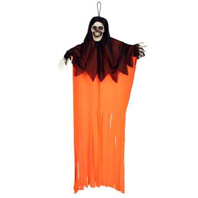 Halloween decoration of a skeleton wearing a neon orange robe with black hood. A loop is attached to the skull. His skeleton hands come out from under the robe.