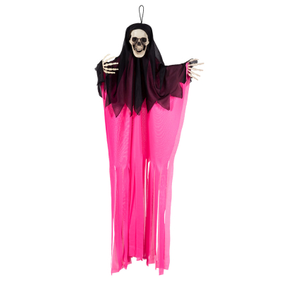 Halloween decoration of a skeleton wearing a neon pink robe with black hood. A loop is attached to the skull. His skeleton hands come out from under the robe.