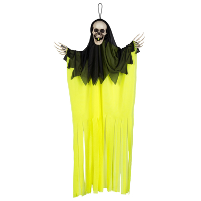 Halloween decoration of a skeleton wearing a neon yellow robe with black hood. A loop is attached to the skull. His skeleton hands come out from under the robe.
