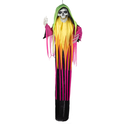 Halloween decoration of a skeleton wearing a long robe in black with neon colours. A loop is attached to the skull. His skeleton hands come out from under the robe.