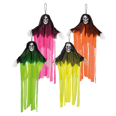 4 Halloween hanging decorations of skeletons with their arms wide and a robe on. All four have a black hood, underneath they have a neon pink, a neon yellow, a neon orange and a neon green robe. A loop is attached to the skull.