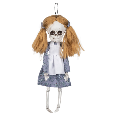 Halloween decoration of a skeleton of a doll. She has 2 pigtails in and is wearing a dress.
