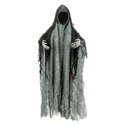 Halloween-Dekoration eines Gespensts in einem langen Gewand und ohne Gesicht. Seine Skeletthände kommen unter dem Gewand hervor.
