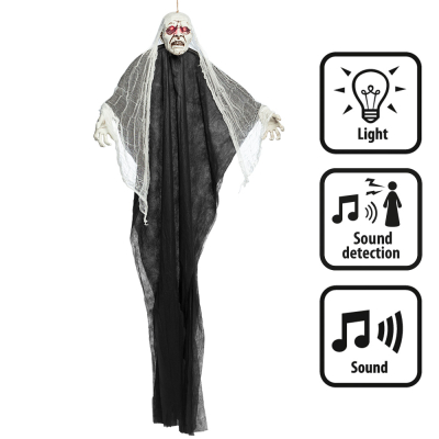 Hanging Halloween decoration of an old man ghost with red luminous eyes and open arms in a black robe.