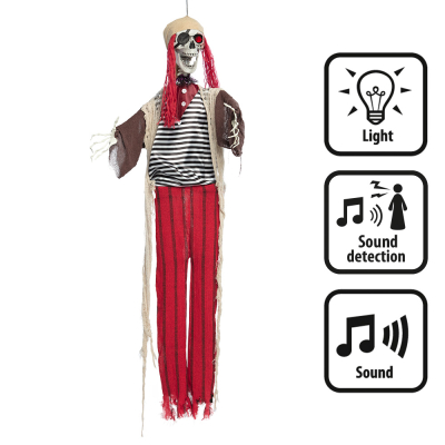 Hanging Halloween decoration of pirate skeleton with luminous red eyes, red hair, eye patch, striped jumper and red trousers.