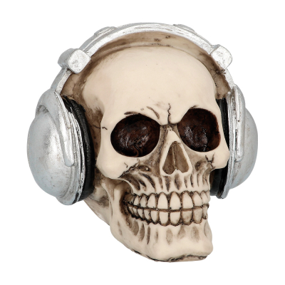 Crâne avec des écouteurs argentés.