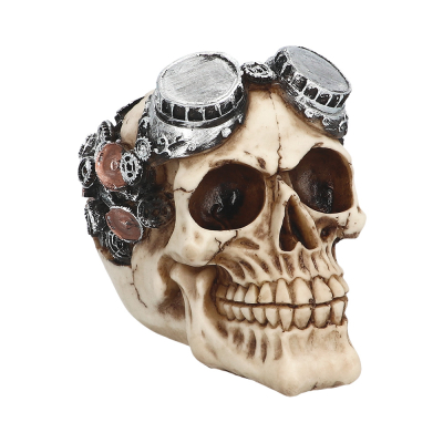 Steampunk skull with silver glasses on his forehead and gears in the side of his head.