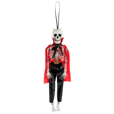 Halloween hanging decoration of devil skeleton with horns, red cape and black trousers.