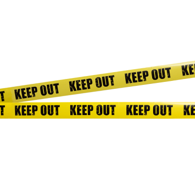 Yellow barrier tape with "KEEP OUT" in black letters.