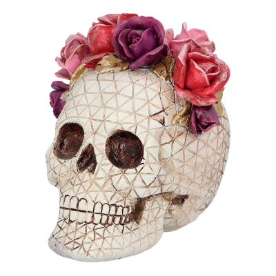 Skull with flower tiara with pink, red and purple flowers.