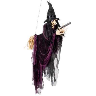 Décoration suspendue d'Halloween représentant une sorcière sur un balai