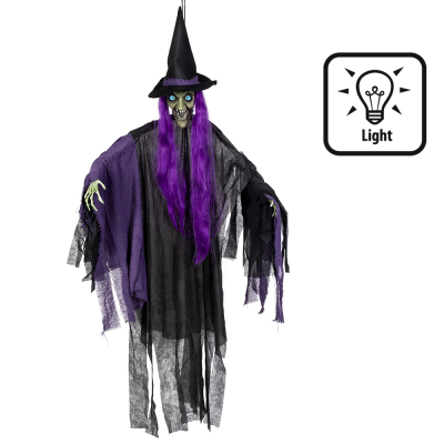 Halloween hanging decoration of a creepy witch with luminous eyes, purple hair and black/purple robe.