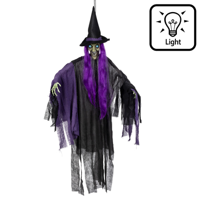 Halloween hanging decoration of a creepy witch with luminous eyes, purple hair and black/purple robe.