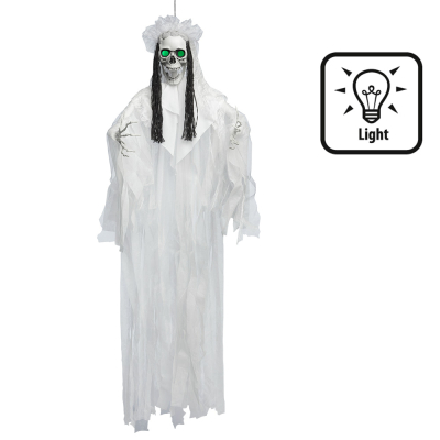 Halloween hanging decoration of a bride skeleton with green luminous eyes.