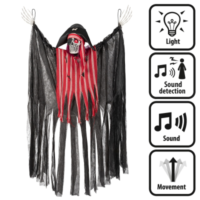 Décoration suspendue d'Halloween : squelette de pirate avec des yeux rouges lumineux et des fonctions de mouvement et de son.