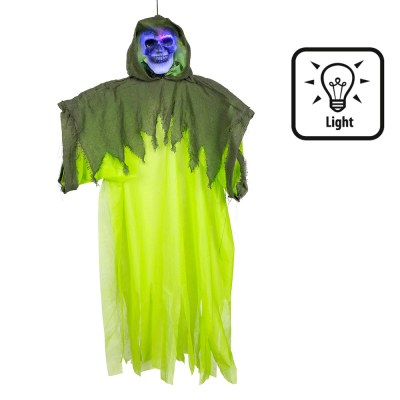 Halloween hanging decoration skeleton with neon green robe with hood and light up face for creepy effect.