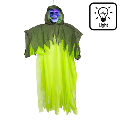 Halloween hanging decoration skeleton with neon green robe with hood and light up face for creepy effect.
