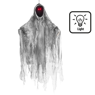 Halloween hanging decoration faceless ghost with grey robe and glowing red eyes.
