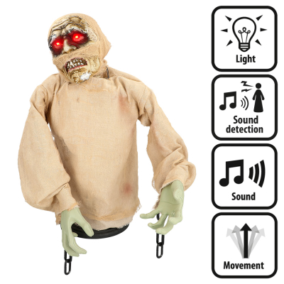 Halloween decoration screaming mummy with creepy features such as light up red eyes, moving arms and head and wailing sounds.