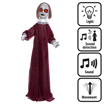 Creepy standing halloween decoration of Dolly the porcelain doll coming to life with red glowing eyes, scary sounds and movements.